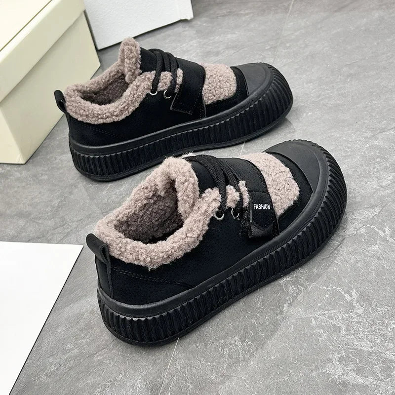 New Winter Warm Cotton Shoes Ladies Plush Fur Thick Sole Lace Up Casual Sneakers Women Outside Flat Comfortable Running Shoes