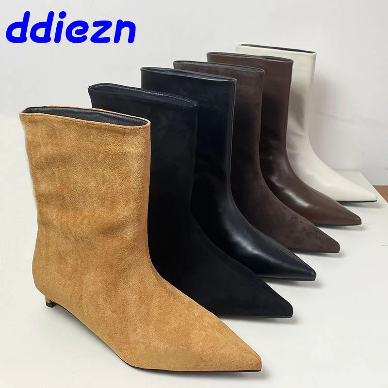 Fashion Pointed Toe Flock Women Ankle Boots Shoes With Low Heel Designer Footwear Slip On Ladies Modern Short Booties Shoes