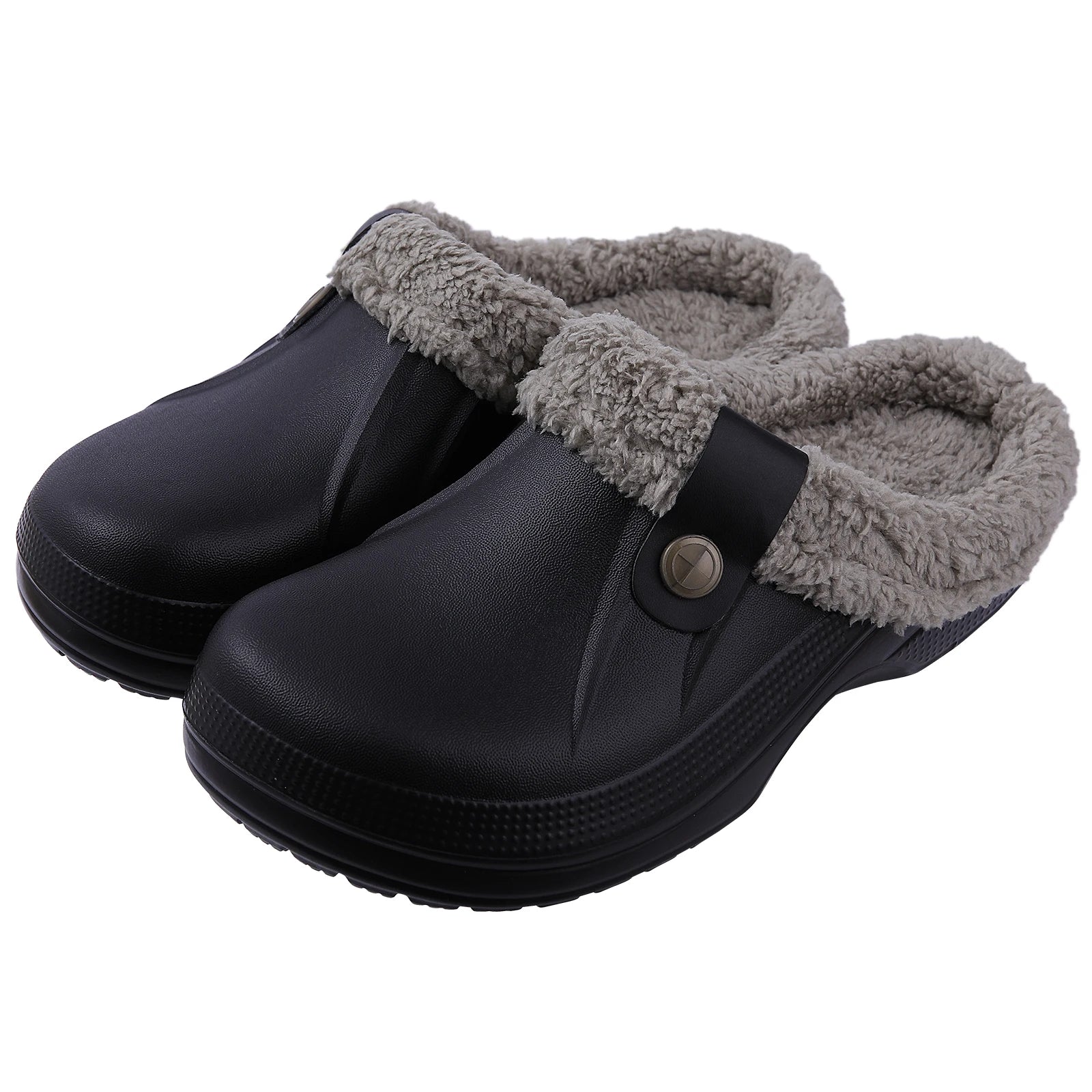 Shevalues New Fur Lined Clogs Women Waterproof Garden Shoes Winter Fluffy Plush House Slippers Couple Non-slip Fuzzy Slippers