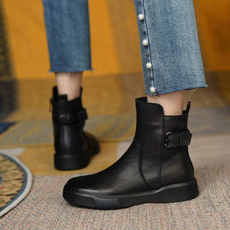 2024 New Retro Boots for Women Autumn Winter Women's Shoes PU Leather Casual Flat Ankle Boots Female Platform Short Boots