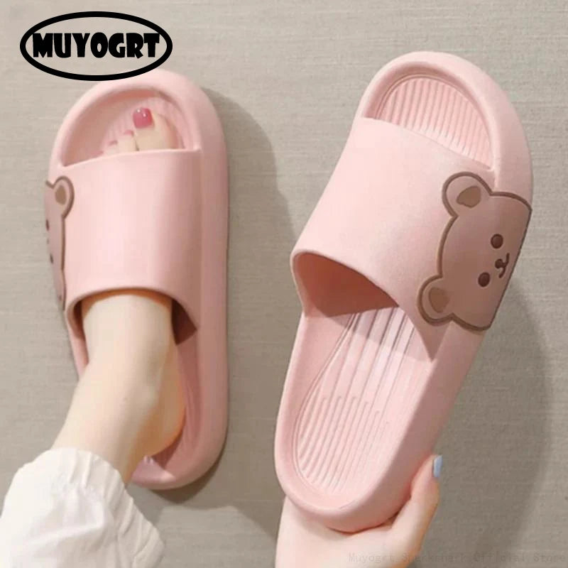 Summer Slippers Women Shoes Beach Slides Cartoon Bear Flip Flops Men'S Slipper Indoor Bathroom Anti-Slip Shoes Couple Sandals