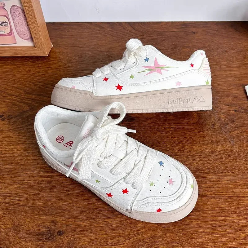 SHANPA Star Print Platform Sneakers Pu Leathers White Low-top Athletic Shoes Fashion Niche Casual Versatile Women Sport Sneaker