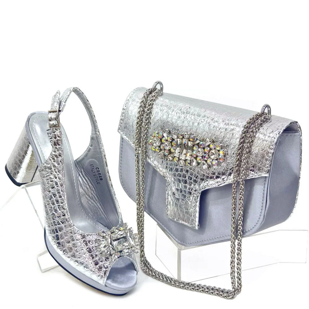 Venus Chan Gold Color Nigeria Fashion Rhinestone-encrusted Ladies Party Shoes And Special Bag High Heels Wedding Handbag