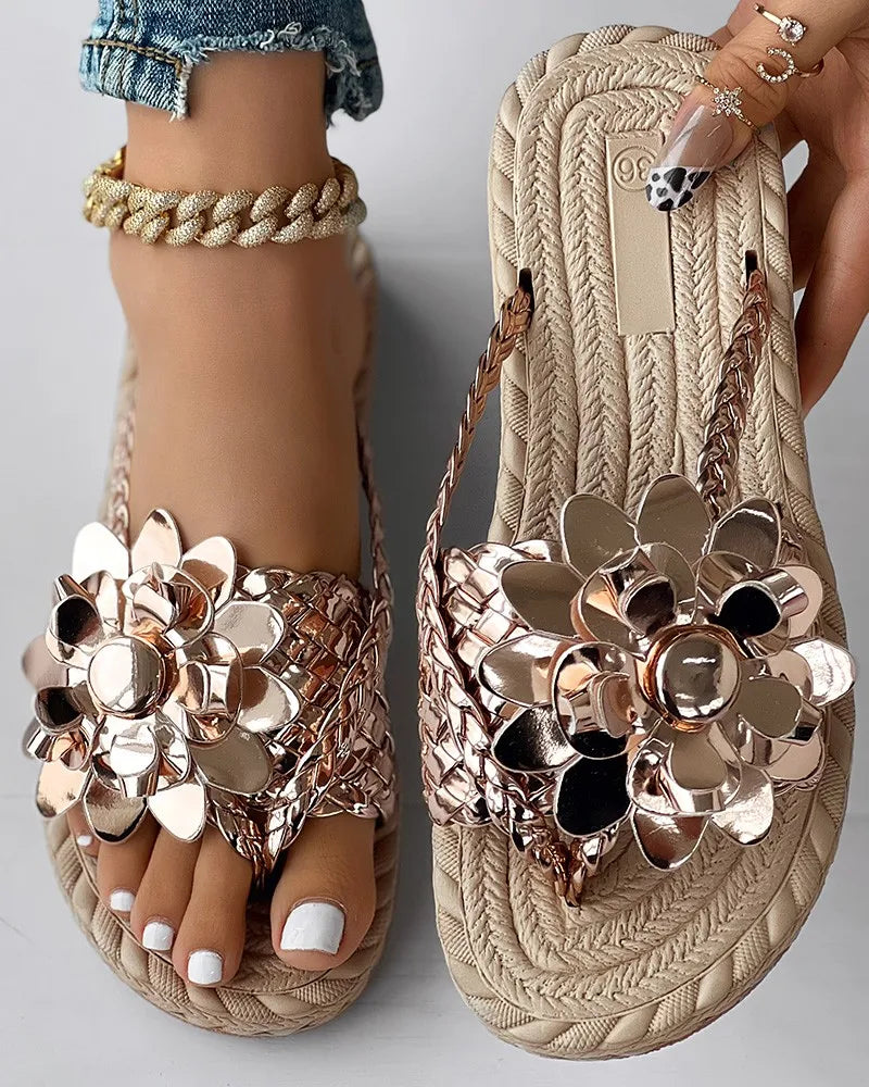 Slippers Women Ombre Floral Pattern Braided Casual Shoes Vacation Flat Holographic Braided Floral Pattern Toe Beach Flip Flops