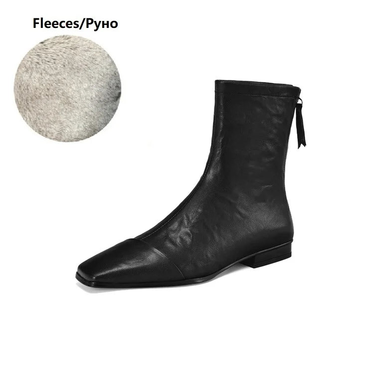 NEW Autumn/Winter Women Boots Square Toe Low Heel Shoes Genuine Leather Shoes for Women Concise Zipper Short Boots Modern Boots