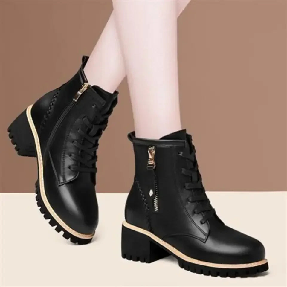 Hot Selling Women Shoes with Heel Boots Ankle Trend Autumn British Style Leather Thick Fur Ladies Short Boot Winter Footwear