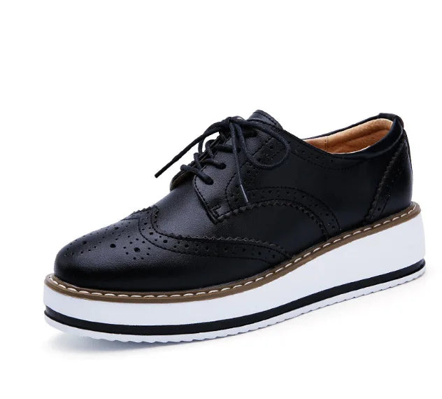 Spring Autumn Women Derby Platform Gold Flats Brogue Leather Lace Up Classic Bullock Footwear Female Oxford Shoes Lady