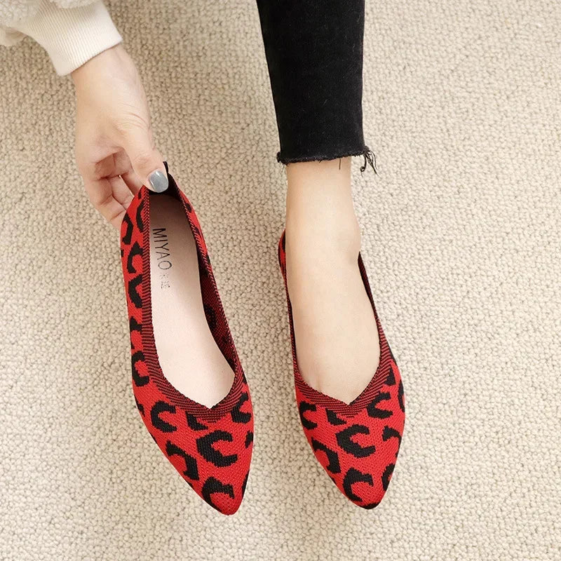 Loafers Flats Leopard Pointed Toe Casual Women Shoes New Knitted Shallow Comfortable Walking Zapatos Wear-resisting Sole