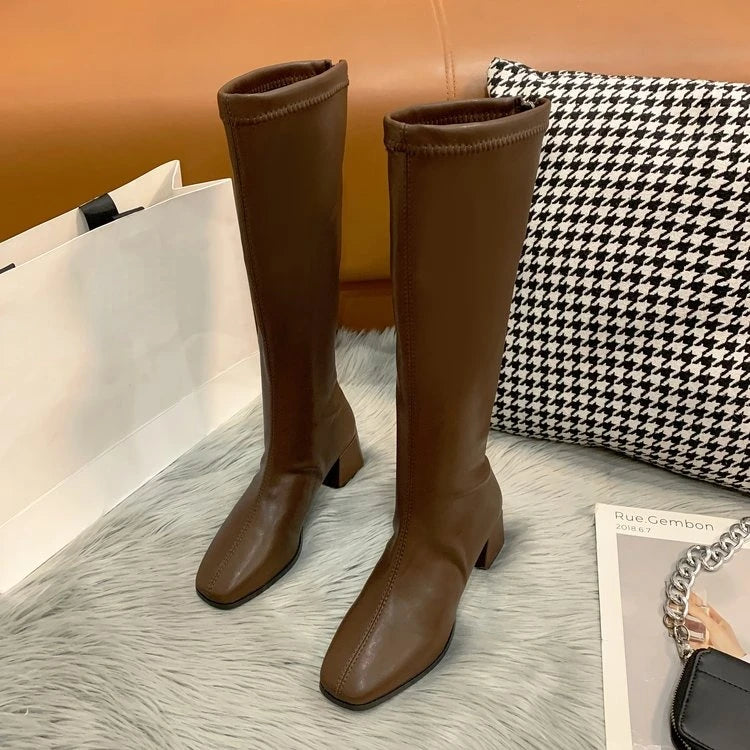 Women Black High Heel Long Boots Fashion Autumn Winter Warm Knee High Boots Soft Leather Thigh High Boots Shoes Zipper Size 42