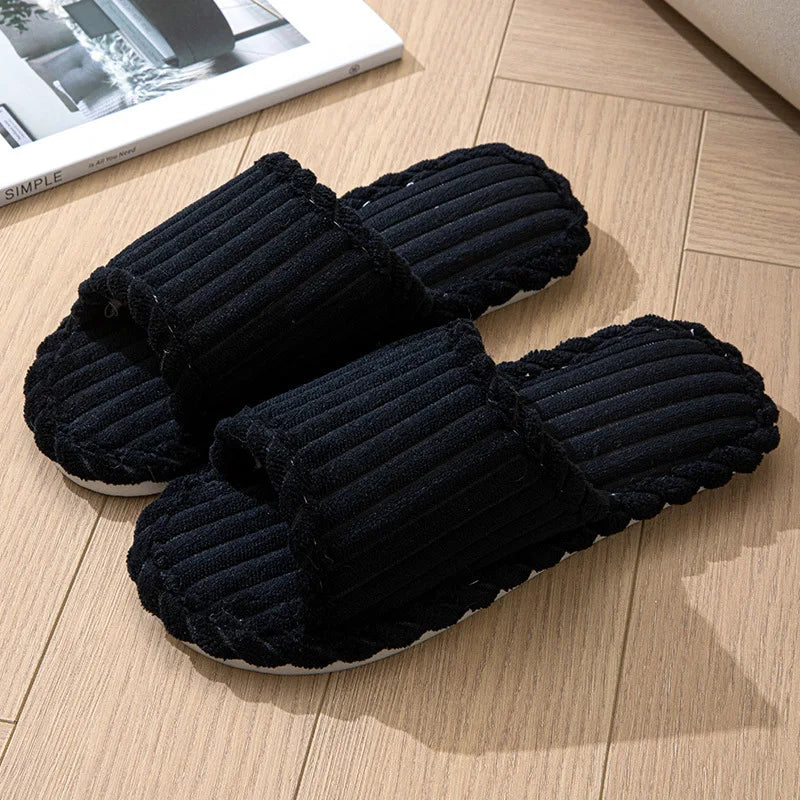 2024 women's new fashionable and minimalist one word slippers for indoor and home couples with striped open toe cotton slippers