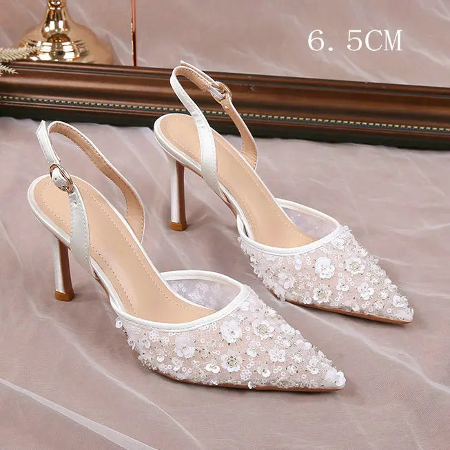 2025 Summer Lace Beaded Wedding Shoes Back Strap High Heels Bridesmaid Sandals For Women French Party Heels