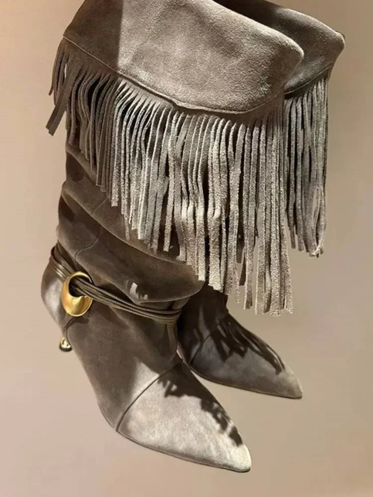 2025 Women's Autumn/Winter New Pointed Wrinkled Fine Heel Tassel Short Boots, Women's Knight Boots, Size 34-44 Medium Boots