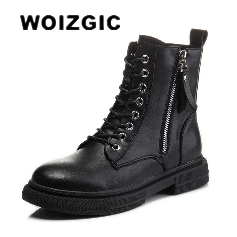 WOIZGIC Women's Ladies Genuine Leather Female Shoes Ankle Boots Platform Lace Up Warm Winter Autumn Fur Plush Motorcycle