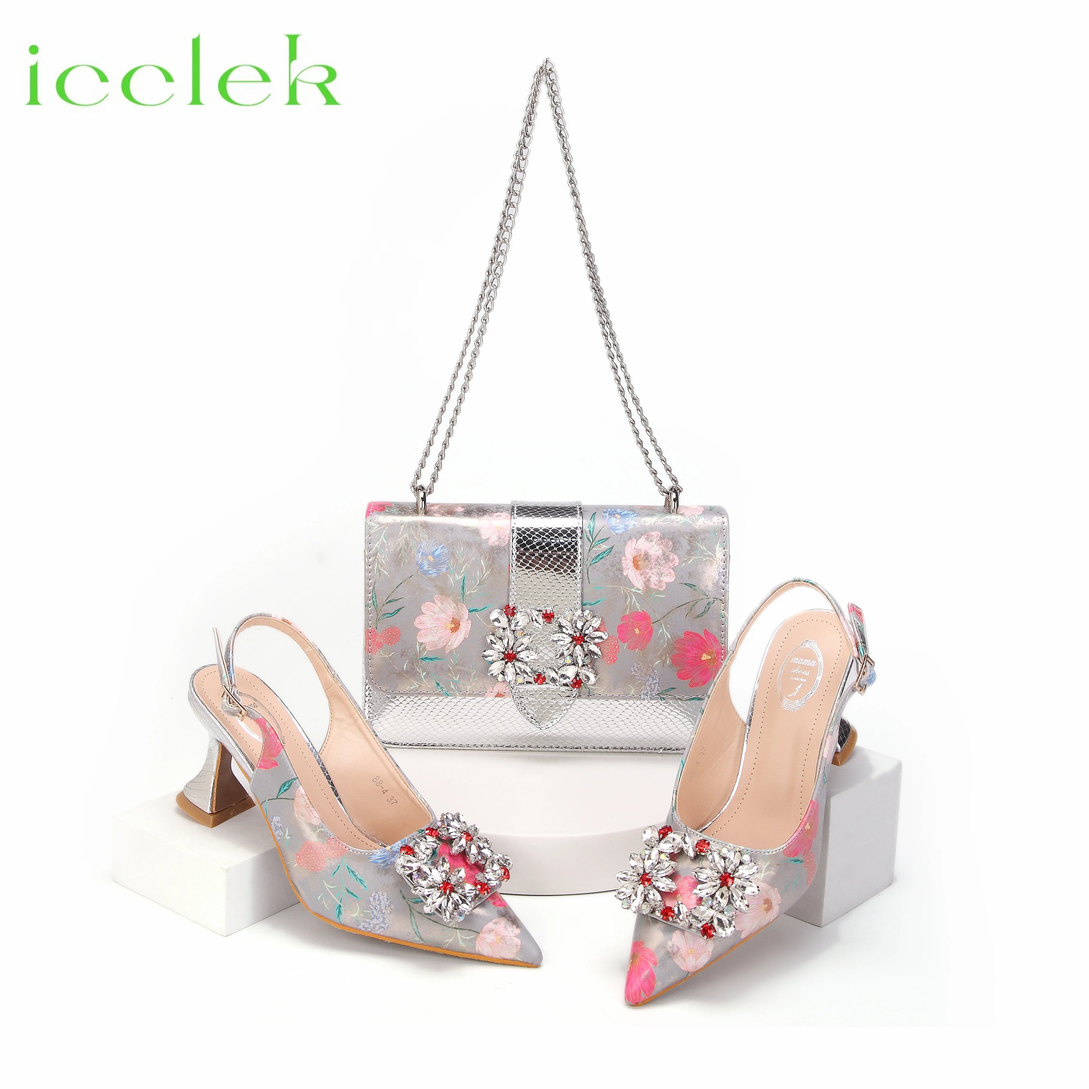 2024 Italian Design Girly Style Coffee Color Pointed Toe Wedding Shoes And Bag Full Diamond Decoration Metal Closure Bag