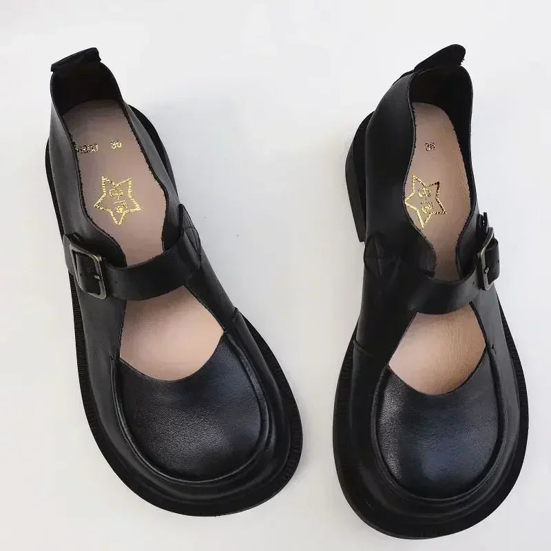 Autumn British Wide Toe Genuine Leather Women's Shoes Mary Janes Breathable Non-slip Cowhide Handmade Loafers Shoes