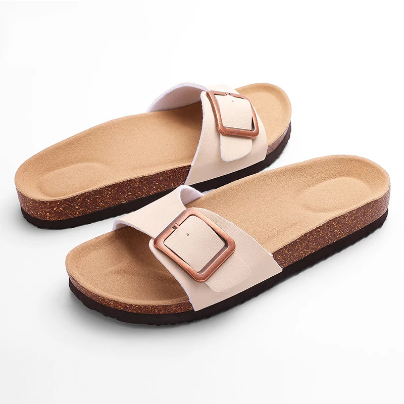 Bebealy Women's Summer Slippers Women Clogs Slippers Fashion Versatile Flat Sandals Outdoor Cork Non-slip Sandals With Buckle