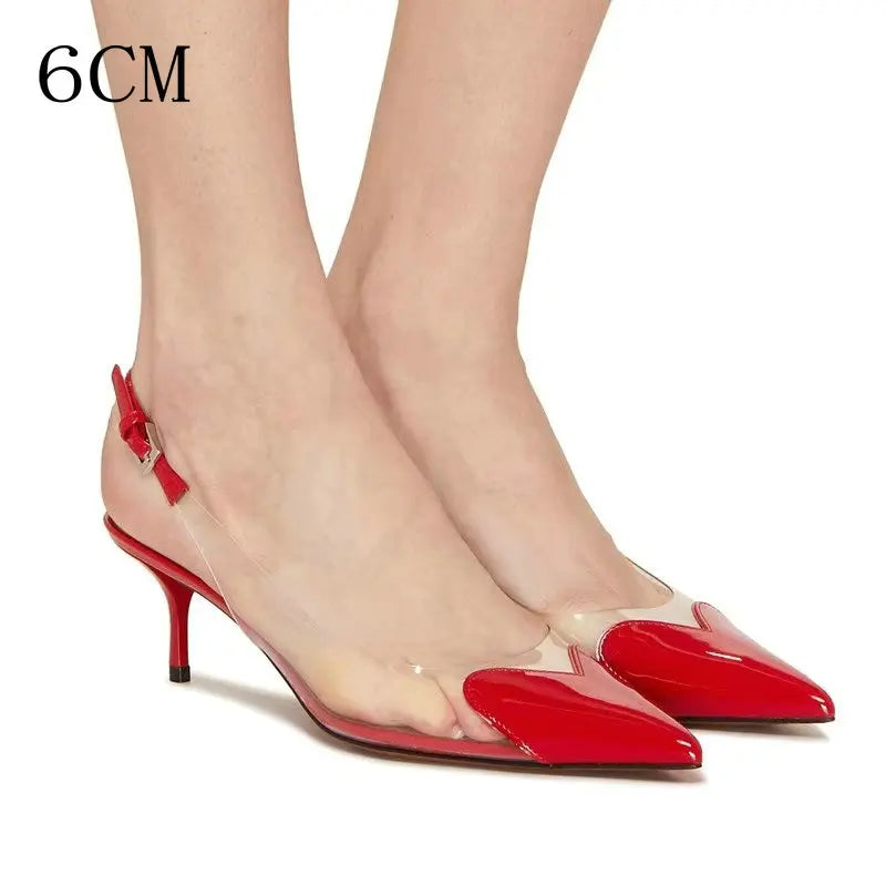 2025 New Pointy Peach Heart Fine Heel Shoes Sexy Pvc Transparent Film Black Patent Leather High Heel Overhead Sandals