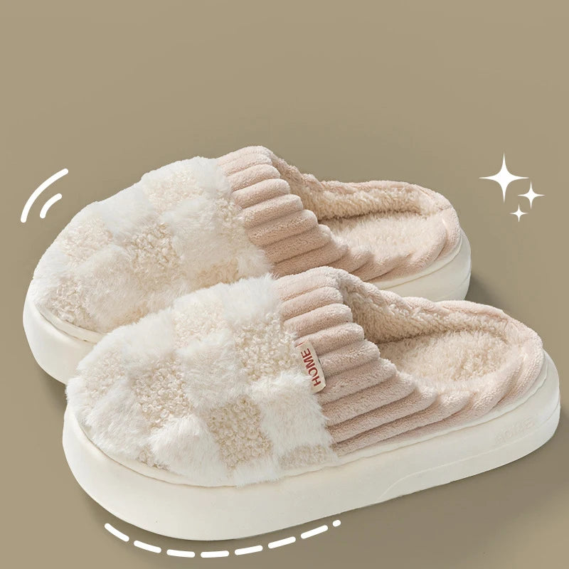 Comwarm Warm Plush House Slippers For Women Indoor Non-slip Couple Cozy Soft Sole Fluffy Slides Winter Fuzzy Lined Cotton Shoes