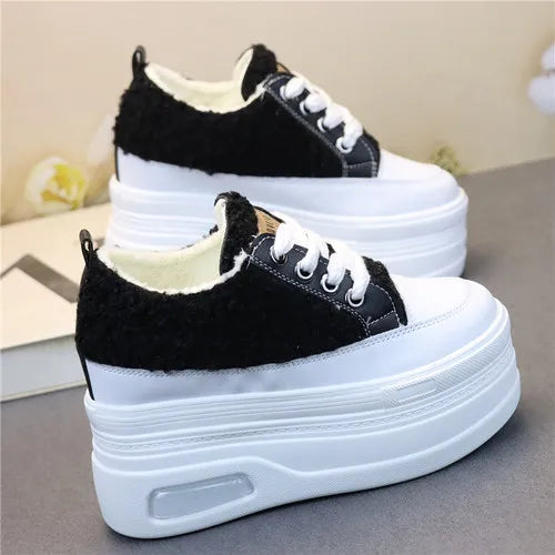 10CM 12CM Genuine Leather Casual Chunky Sneakers Plush Wedge Platform Wedge Winter Fashion Autumn Spring Women Shoes Vulcanize