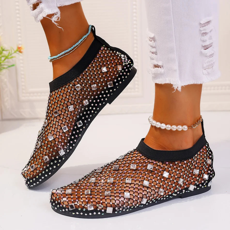 Summer Women's New Round Toe Flat Bottom Sandals Hollow Short Boots Water Diamond Sexy Flat Bottom Fashion Banquet Sandals