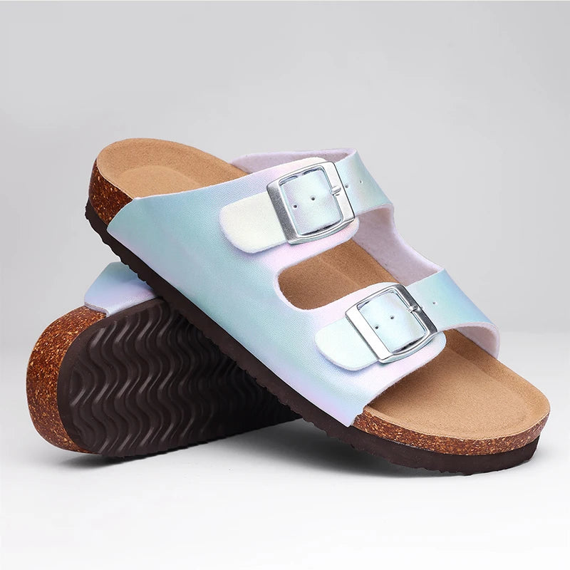 Kidmi Women Clogs Slippers Summer Clogs Flat Sandals Cork Mules Beach Slides With Double Buckle 2024 Outdoor Women Flat Sandals