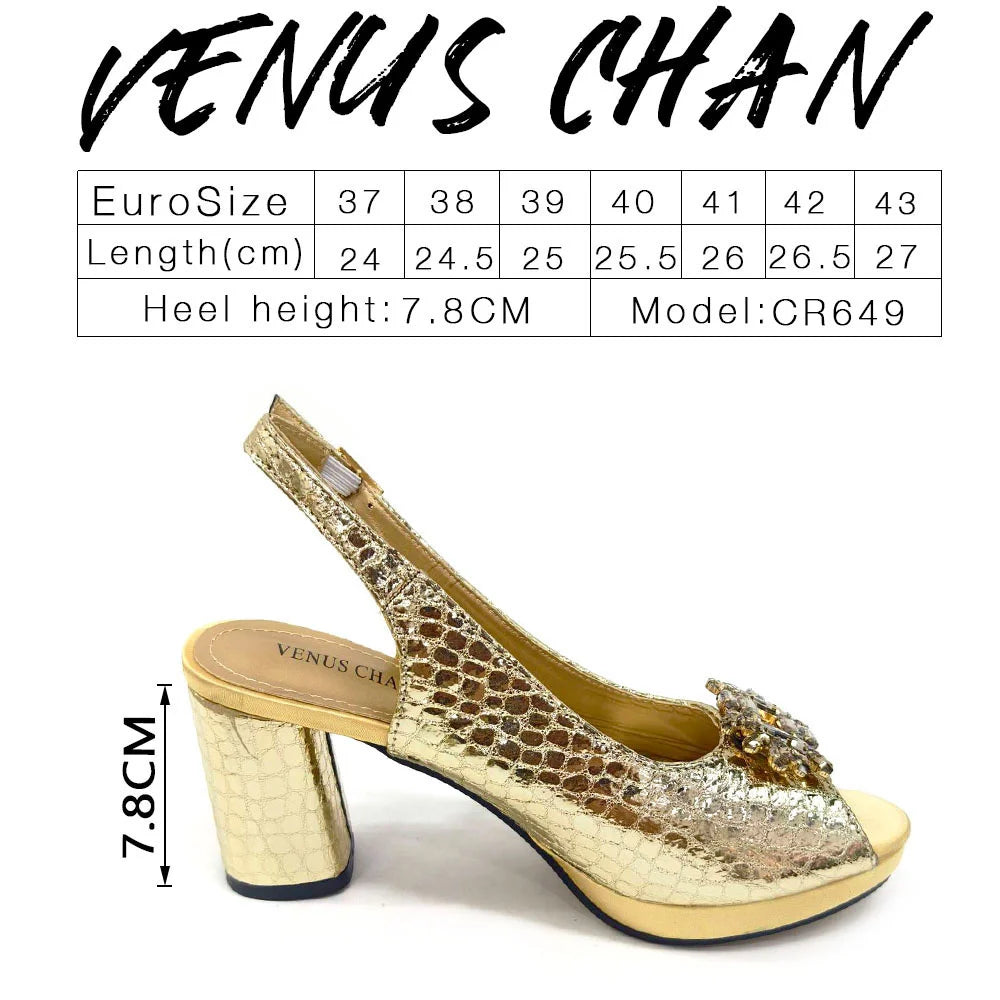 Venus Chan Gold Color Nigeria Fashion Rhinestone-encrusted Ladies Party Shoes And Special Bag High Heels Wedding Handbag