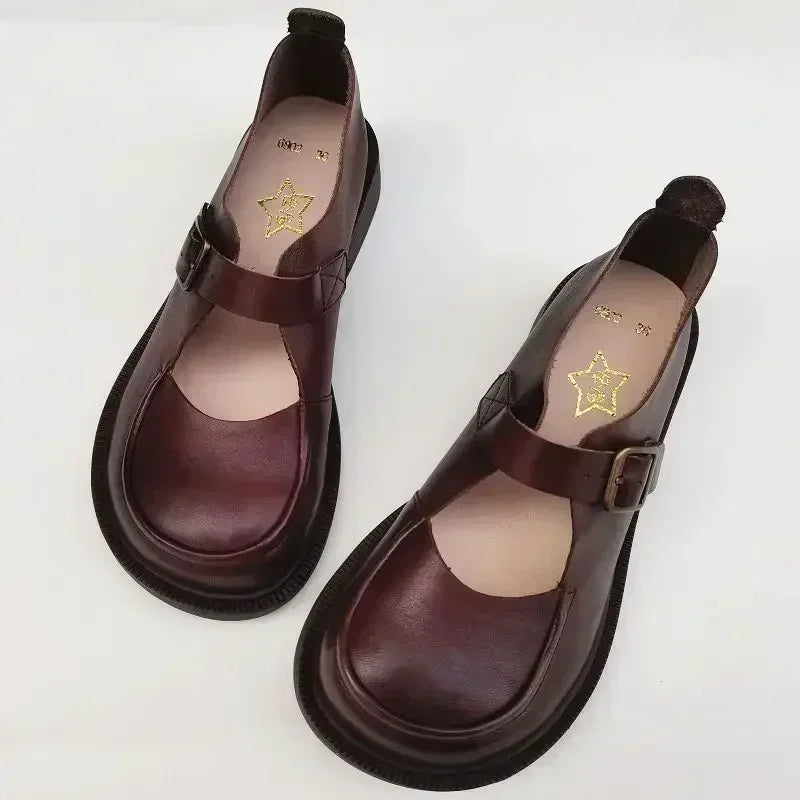 Autumn British Wide Toe Genuine Leather Women's Shoes Mary Janes Breathable Non-slip Cowhide Handmade Loafers Shoes