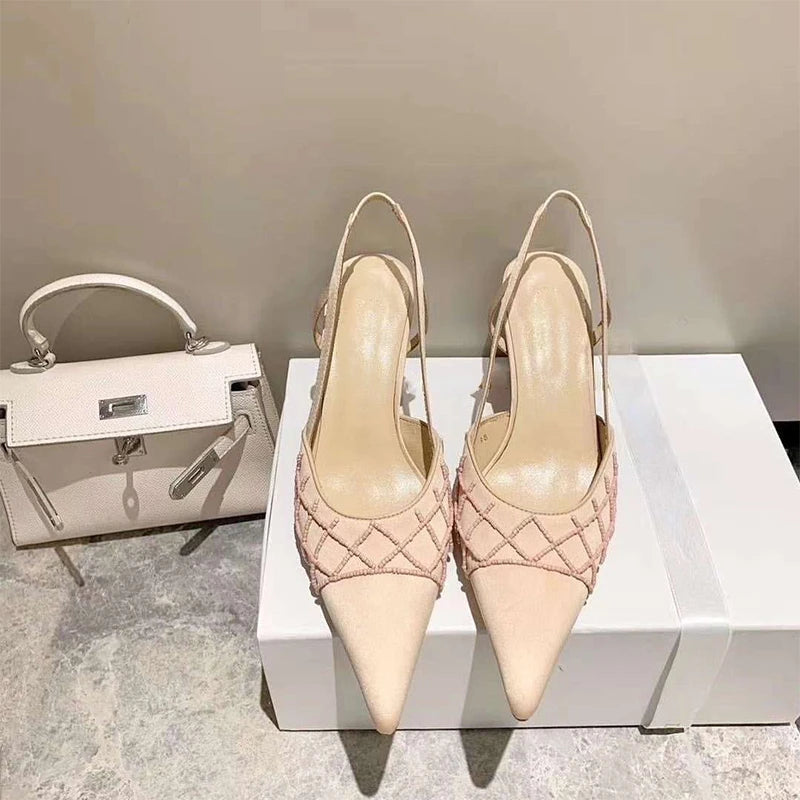 Socialite-style Beaded Quilted Pointed Toe French High Heels Summer New Silk Stiletto Heel Back Strap Sandals