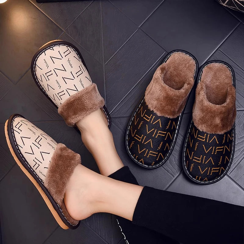 Cotton slippers for winter warmth soft and thick soled indoor home couple men and women PU leather cotton shoes
