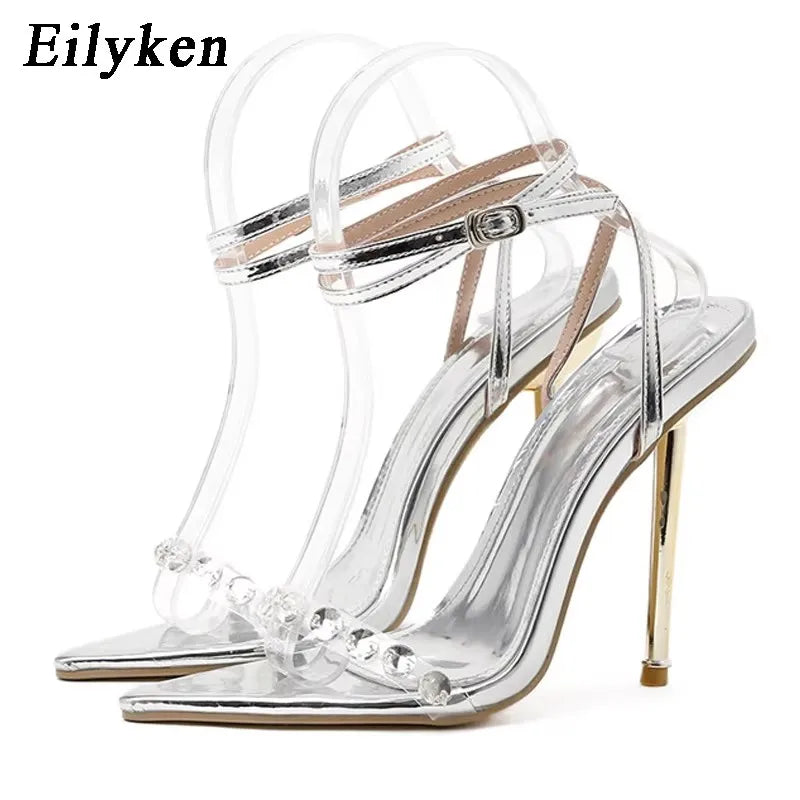 Eilyken Crystal Sexy Women Sandals Metal High Heels Ankle Buckle Strap Gladiator Ladies Pumps Stiletto Nightclub Party Shoes