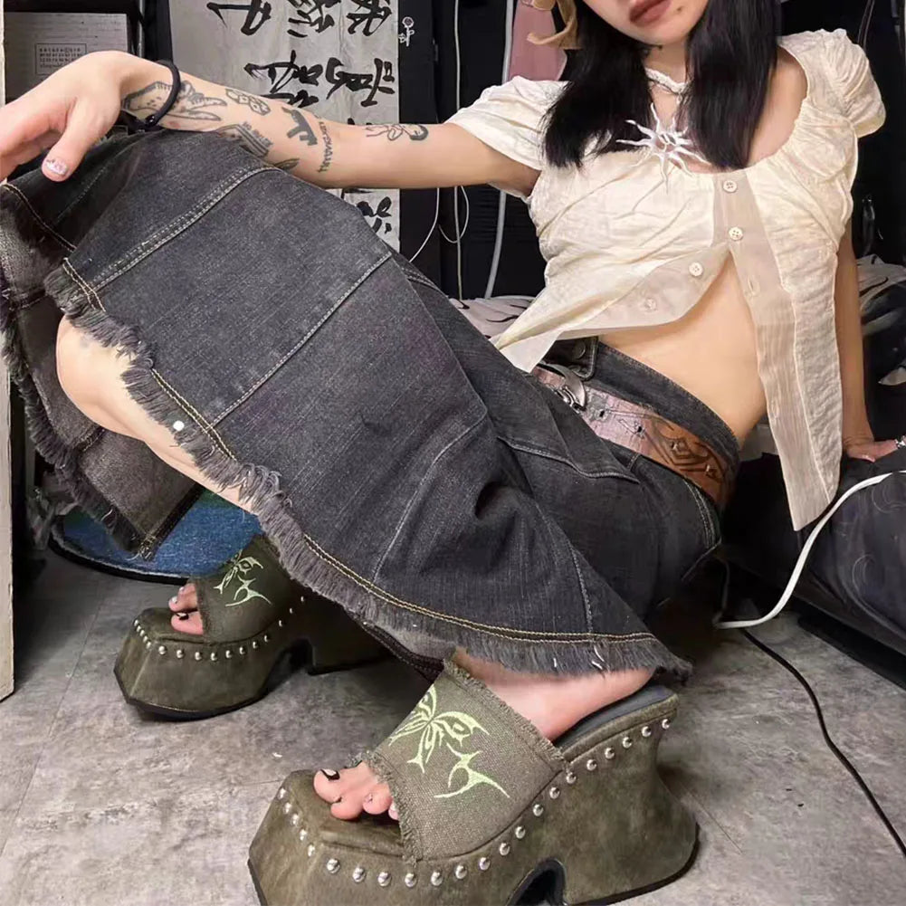 Punk Chunky Heels Mule Shoes Sandals For Women Rivet Platform Slide Sandals Open Toe 2024 Summer Trendy Shoes Street Women Shoes