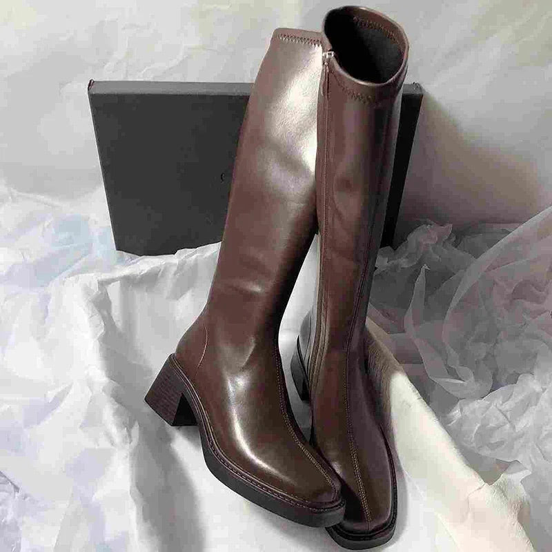 Vintage Thick Heel Women Knee High Boots Fashion Side Zippers Shoes Autumn Winter Ladies Concise Long Botas De Mujer