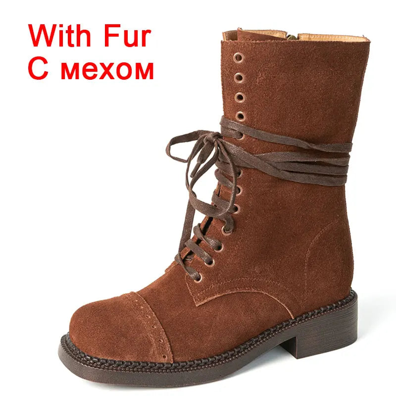 JOZHAMTA Size 34-42 Women Ankle High Boots Genuine Leather Lace-Up Thick Heels Shoes Fall Winter Platform Chelsea Short Booties