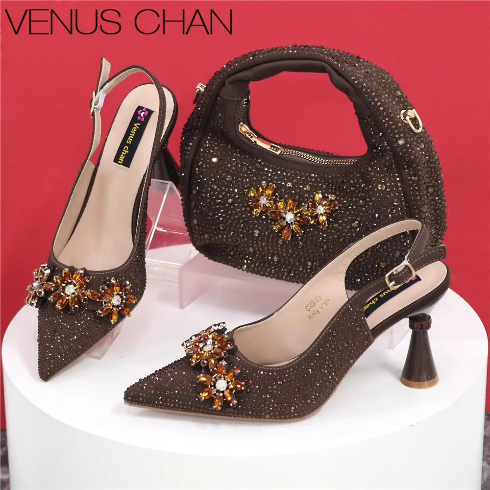 Popularity Pointed Toe High Heels Shoes and Bags Set With Rhinestone for Women Wedding Party Elegant Luxury Fashion