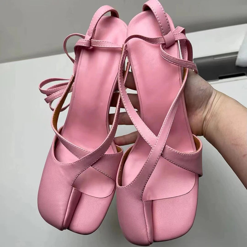 Summer spilt toe women sandals high heel lace up slides