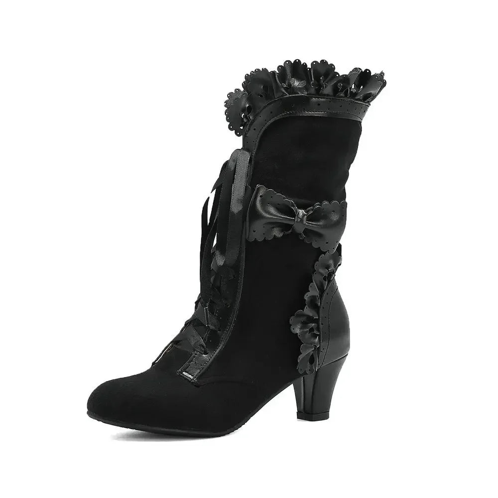 Autumn Winter Vintage Women Victorian Boots Lace Up High Heel Bootie Ruffle Trim Lolita Princess Cosplay Tea Party Costume Shoes