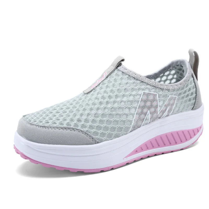 Women Mesh Flat Shoes Sneakers Women Swing Wedge Hollowed Out Slip-on Shoes Women Platform Breathable Lightweigt Vulcanization