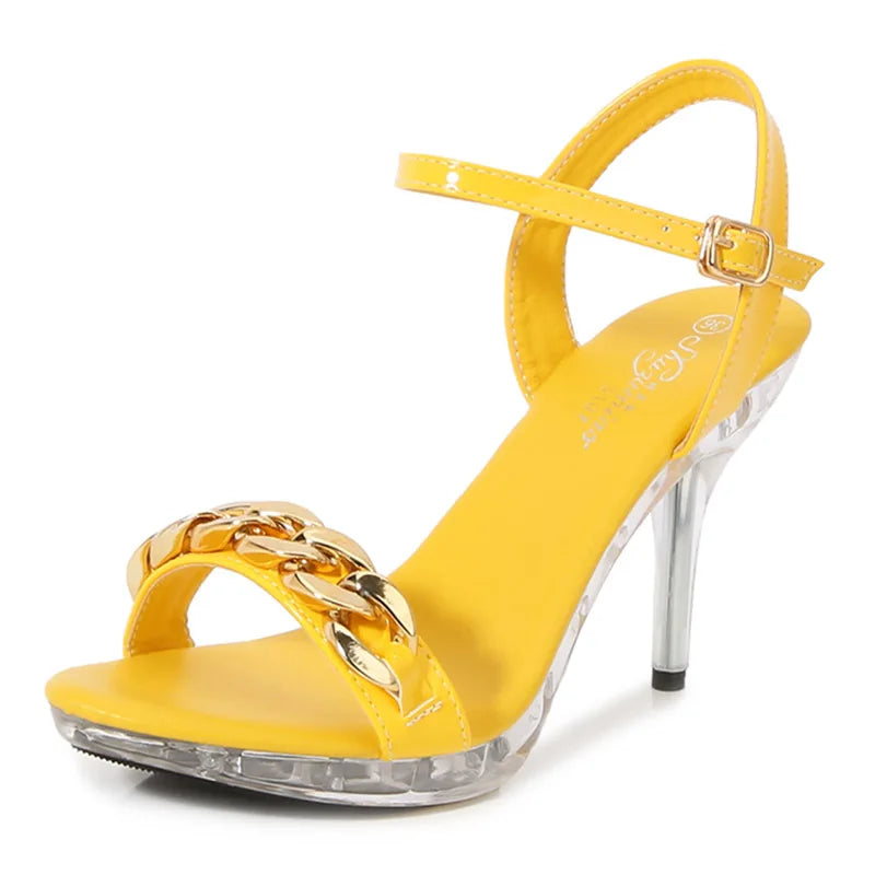 Voesnees High Quality Gold Chain Design Women Sandals Summer Beach Party Shoes Plus Size Transparent Platform 9.5CM Stilettos