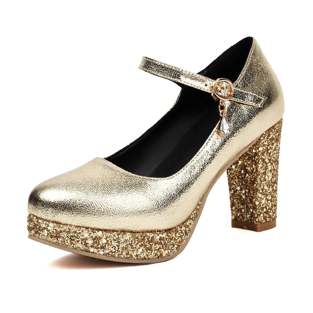Luxury Sequined Red Silver Gold Women Platform Pumps 9cm Chunky Heels Female Wedding Party Buckle Strap Ladies Round Toe Shoes