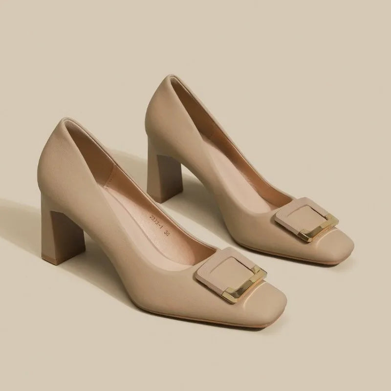 Spring new square head thick heels women's shallow mouth buckle single shoes professional shoes high heels