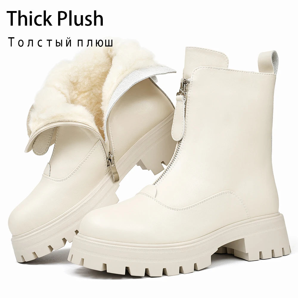 RIZABINA Ankle Boots Real Leather Winter Thick Plush Zipper Chunky Heel Women's Booties Ladies Fashion Non-slip Platform Shoes