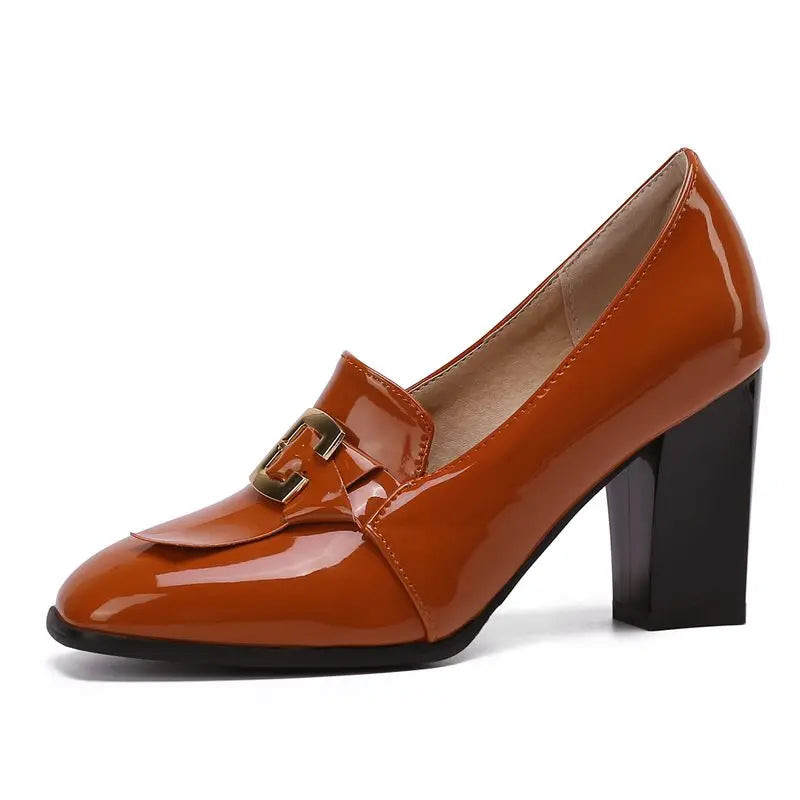 ASILETO 2022 Women Pumps Square Toe Block Heel Slip-on Shallow Metal Decoration Large Size 32-50 Office Lady Black Green S3957