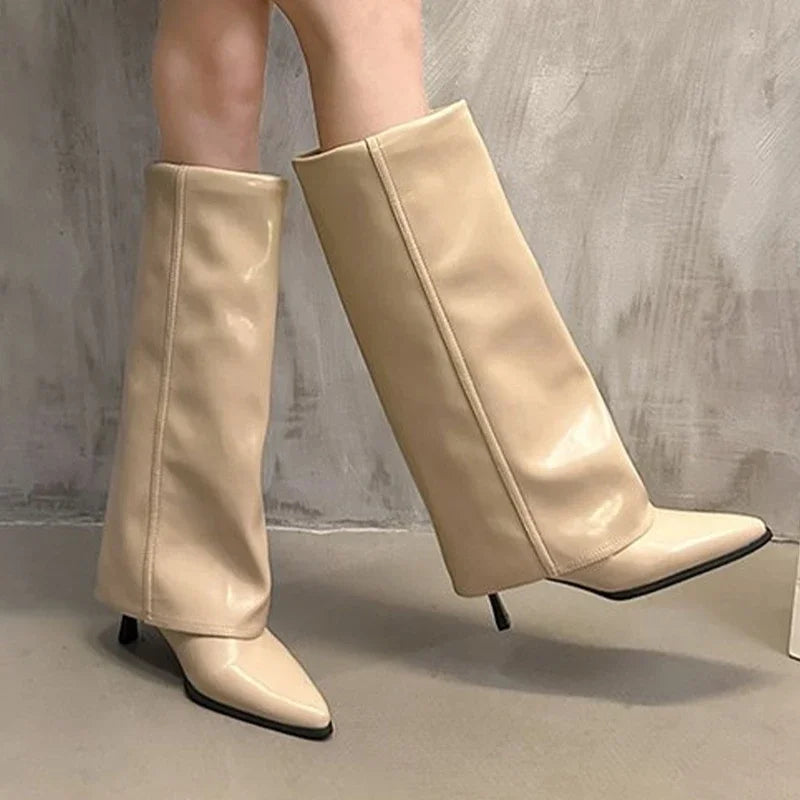 Chunk Leather High Boots Women Knee High Pointer Toe Heels Shoes Woman Trend Chelsea Boots New Pumps Mujer Snow Gladiator Botas