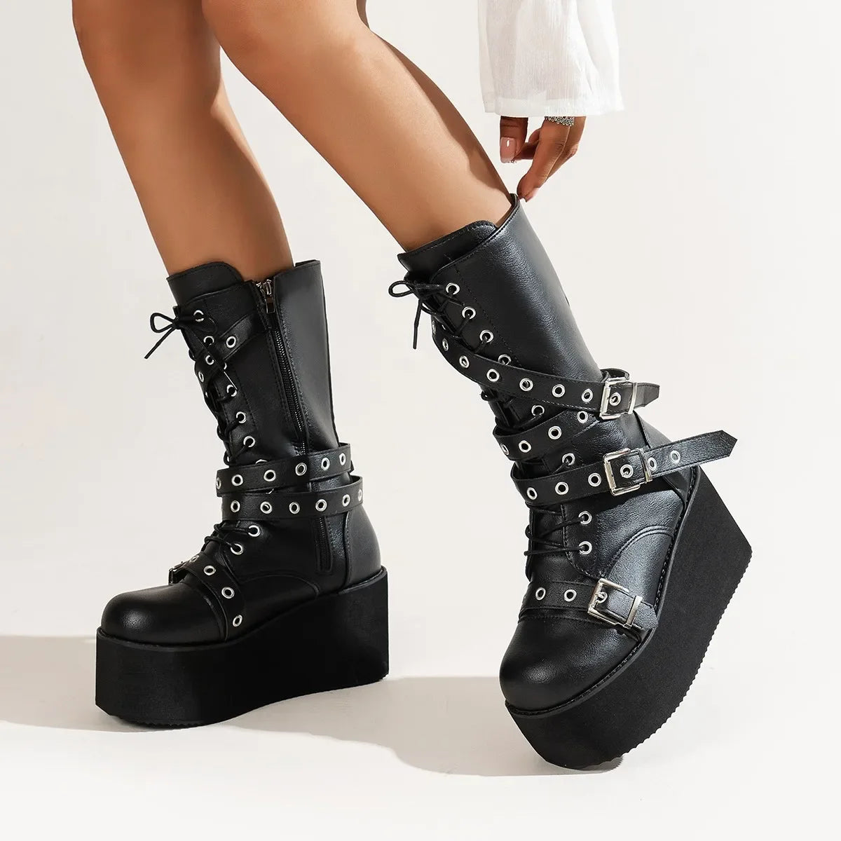 Bottes noires à lacets et bout rond pour femme, grande taille 43, style punk gothique, style urbain