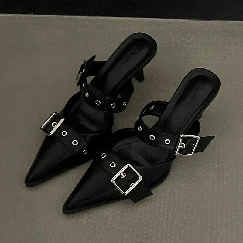 Punk Goth Metal Buckle High Heels Women's Sandals Summer 2025 Pointed Toe Silver Party Shoes Fashion Womens Pumps Shoes Tacones