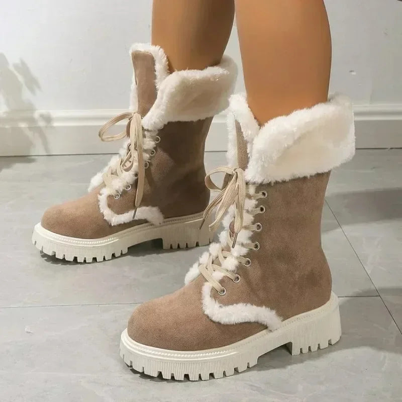 Bottes de neige d'hiver épaisses et moelleuses pour femmes, bottes à plateforme en fourrure, mi-mollet à lacets, chaussures chaudes en coton, 2023
