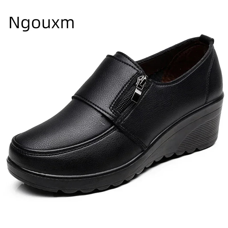 Ngouxm Spring Autumn Women Pumps Wedges Shoes Woman Genuine Leather Casual Shoes Mother High Heels Shoes