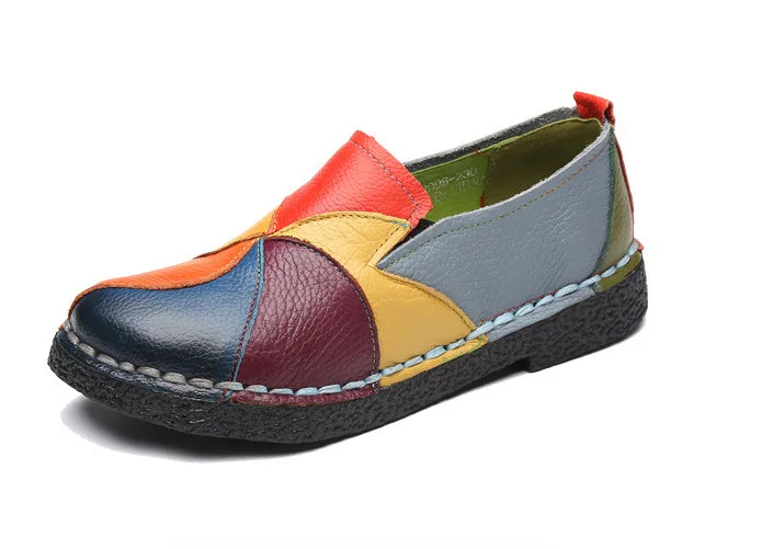 Women's Retro Flats Ethnic Style Mix Colors Round Head Soft-soled Leather Shoes Autumn Plus Size Slip-on Loafers Tenis Feminino