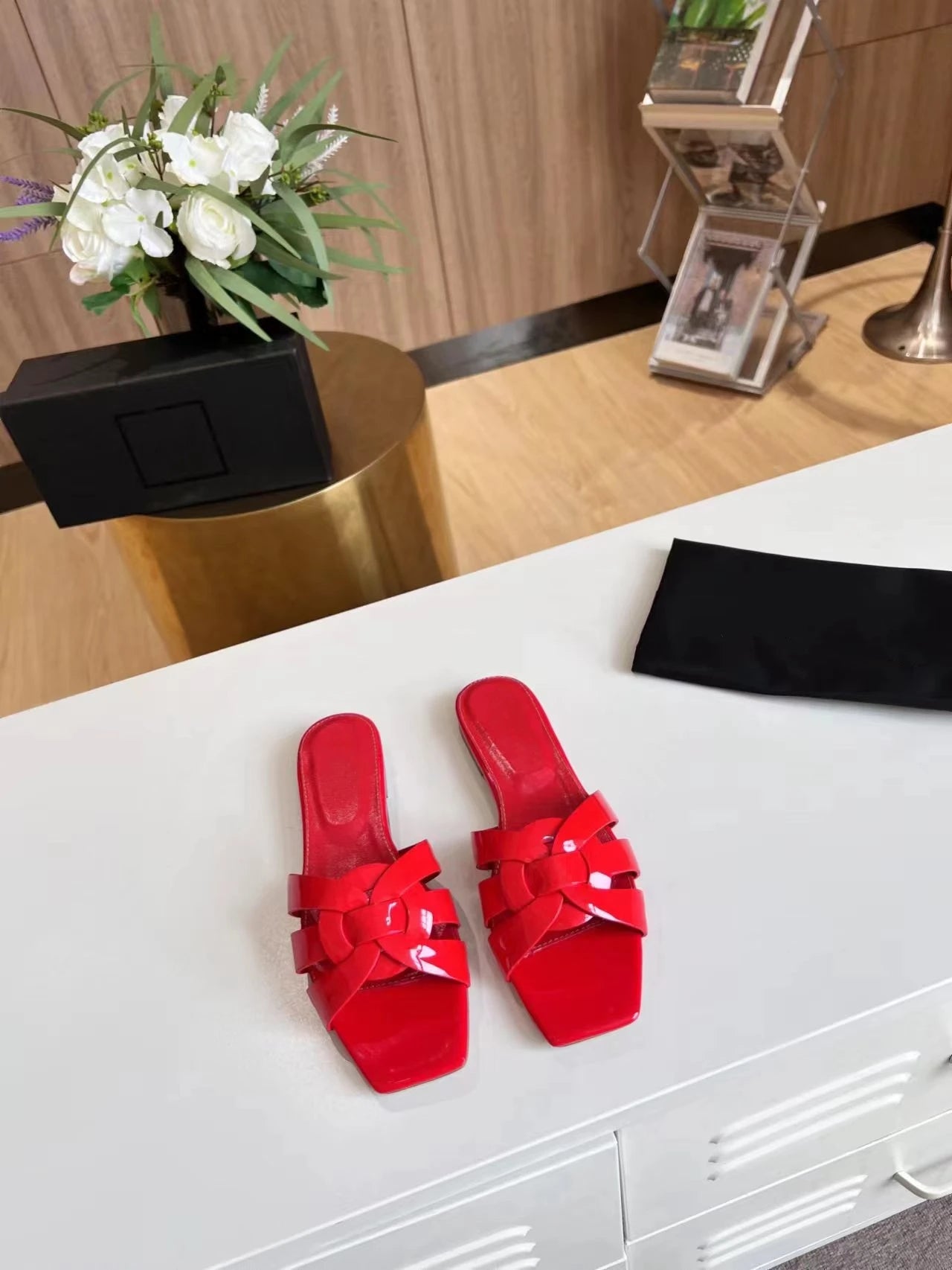 Summer Women's Slippers Genuine Leather Square Toe Open Toe Flat Bottom Fashion Party Shoes Plus Size 34-44 Outdoor Beach Shoes