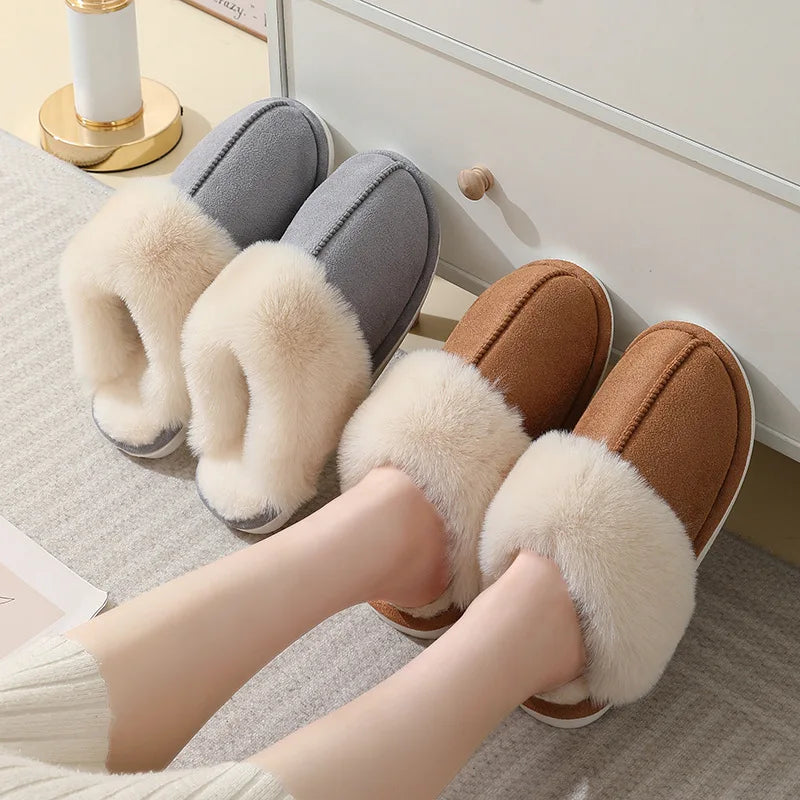 Winter Home Slippers Men and Women Couples Indoor and Outdoor Warm Slippers Cotton Fulffy Fur Slippers Non-Slip Unisex Shoes